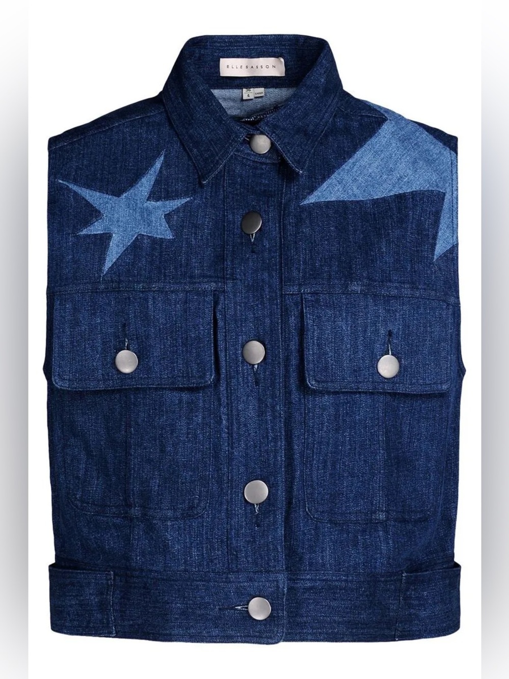 ⭐️ NWT ELLE SASSON Denim Star Vest Patchwork Sz 8 Cotton Minimalist Contemporary